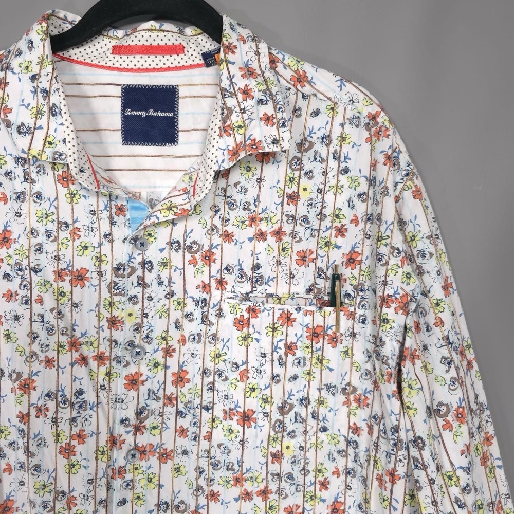 Tommy‎ Bahama Men's Size XL Shirt Stripe Floral Hidden Front Pocket Flip Cuff